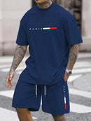 Conjunto de agasalho masculino de duas peças, camiseta de manga curta com gola redonda e shorts